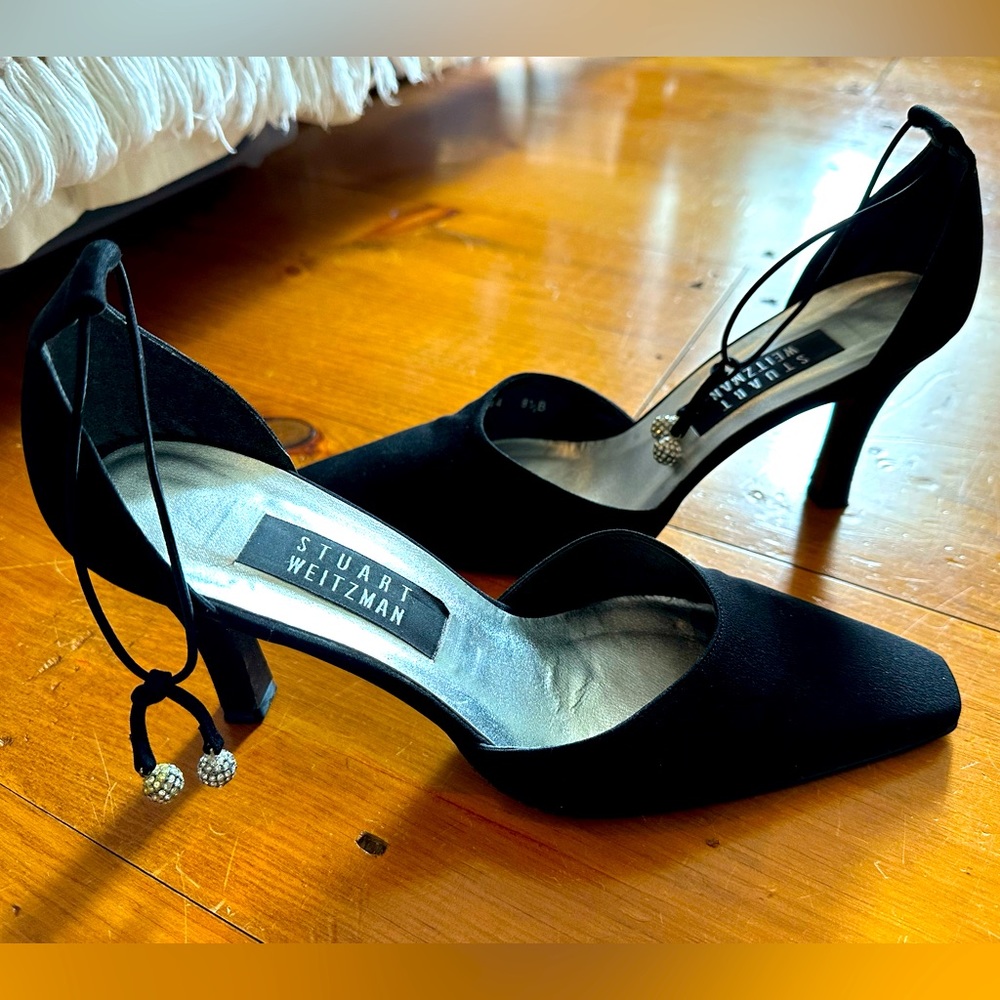 Stuart Weitzman BLACK Fabric Pumps Ankle Tie W/ Rhinestone Balls size 8.5 MEDIUM